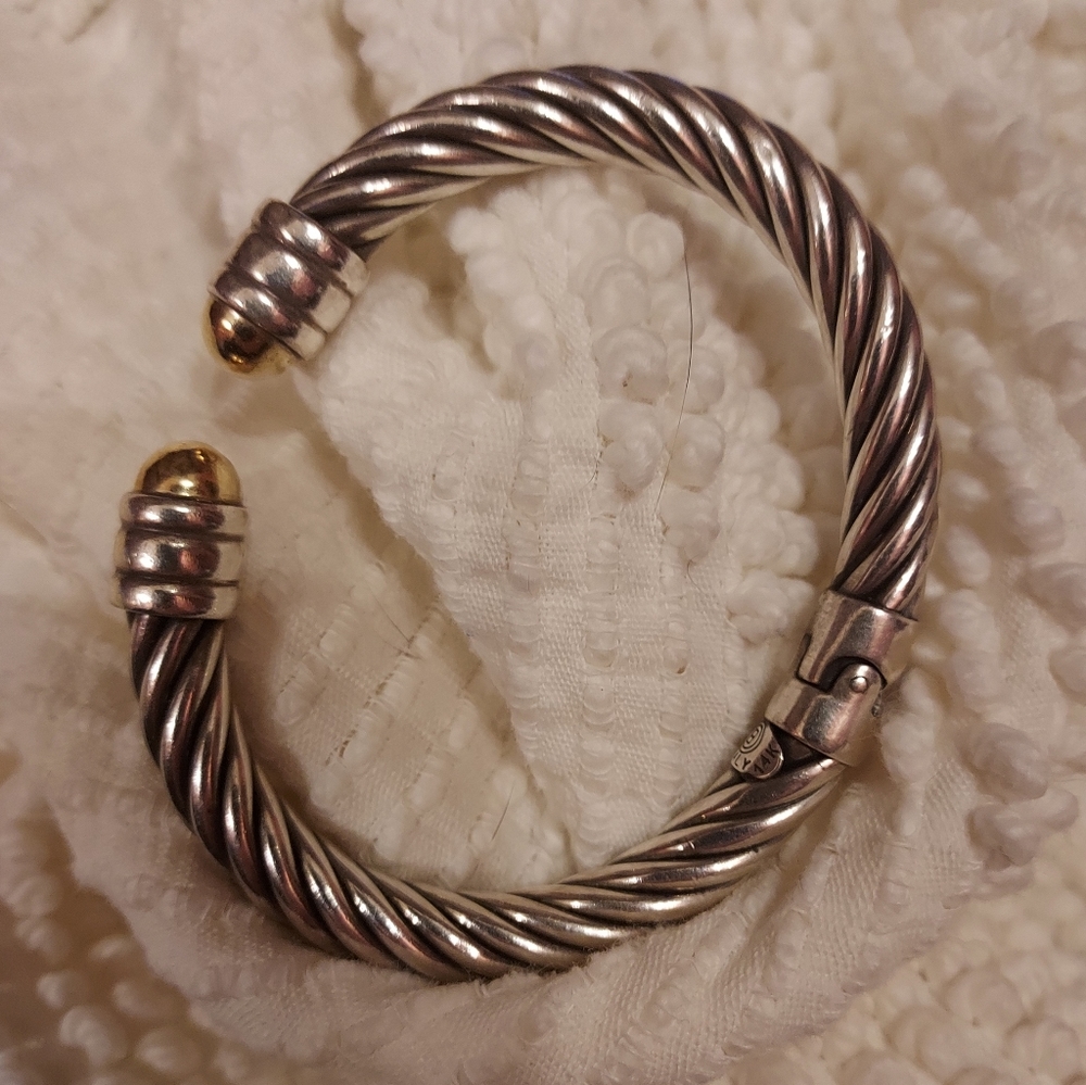 Sterling silver and 14k gold twisted cuff, hinged bracelet, Italy, Burdick Co.